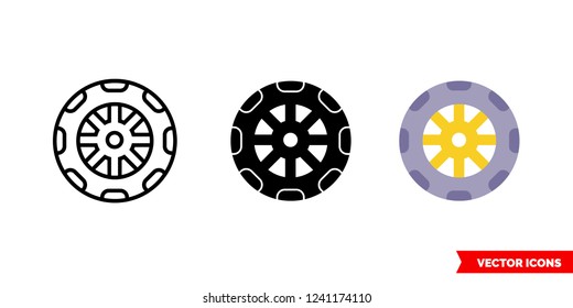Wheel icon of 3 types: color, black and white, outline. Isolated vector sign symbol.