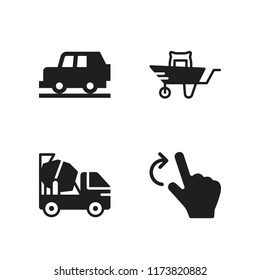 wheel icon. 4 wheel vector icons set. jeep, concrete mixer and wheelbarrow icons for web and design about wheel theme