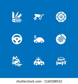 wheel icon. 9 wheel set with wheelbarrow, blade, car and disc brake vector icons for web and mobile app