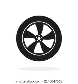 Wheel Icon. Car Wheel Isolated On White Background. Tire With Rim. Tyre For Auto, Truck And Bus. Black Flat Logo For Automobile Parts. Simple Round Symbol. Vector.