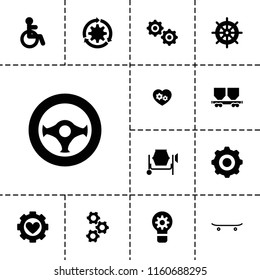 Wheel icon. collection of 13 wheel filled icons such as disabled, helm, cargo wagon, gear heart, gear, skateboard. editable wheel icons for web and mobile.