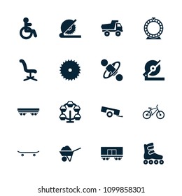 Wheel icon. collection of 16 wheel filled icons such as disabled, toy car, office chair, blade saw, circular saw, carousel. editable wheel icons for web and mobile.