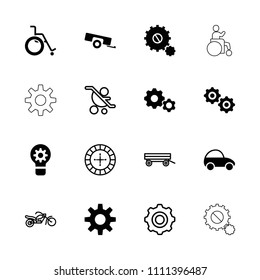 Wheel icon. collection of 16 wheel filled and outline icons such as gear, barrow, roulette, baby carriage, gear    sign symb. editable wheel icons for web and mobile.