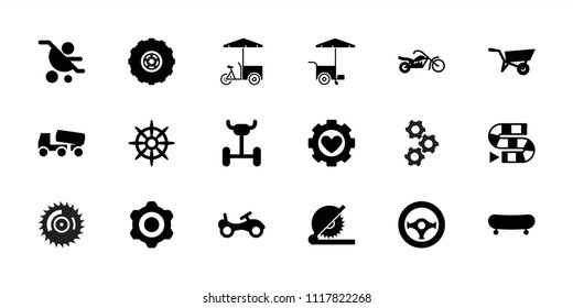 Wheel icon. collection of 18 wheel filled icons such as bike, concrete mixer, dice game, skate, baby carriage, fast food cart, helm. editable wheel icons for web and mobile. svg