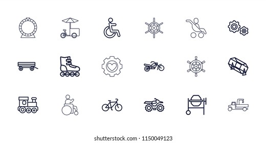 Wheel icon. collection of 18 wheel outline icons such as barrow, train toy, lottery, concrete mixer, motorcycle, roller skate. editable wheel icons for web and mobile.