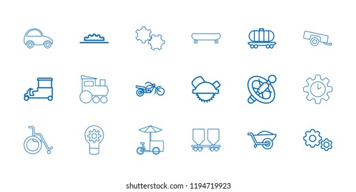 Wheel icon. collection of 18 wheel outline icons such as saw blade, fast food cart, cargo wagon, gear, motorcycle, barrow, toy car. editable wheel icons for web and mobile.