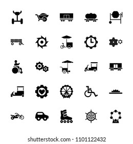 Wheel icon. collection of 25 wheel filled icons such as toy car, concrete mixer, fast food cart, cargo wagon, clock in gear, helm. editable wheel icons for web and mobile.