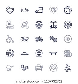 Wheel icon. collection of 25 wheel outline icons such as gear, bike, saw blade, concrete mixer, motorcycle, fast food cart, disabled. editable wheel icons for web and mobile.