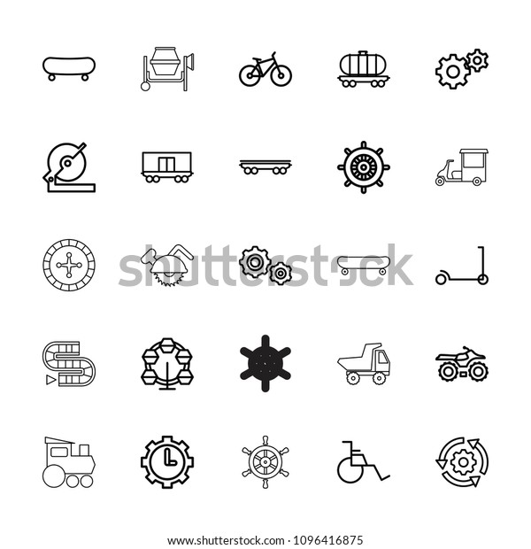Wheel icon. collection of\
25 wheel outline icons such as kick scooter, helm, gear, circular\
saw, skate, carousel, motorcycle. editable wheel icons for web and\
mobile.