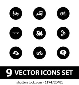 Wheel icon. collection of 9 wheel filled icons such as train toy, motorcycle, bicycle, skateboard, gear, bike. editable wheel icons for web and mobile.