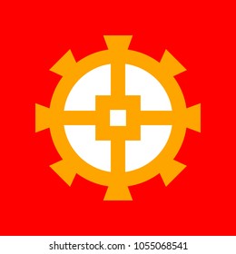 Wheel icon. Gear. Vector. Orange icon with white holes if exist at red background. Isolated.