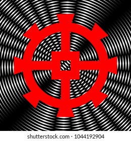 Wheel icon. Gear. Vector. Red icon on white and black radial interference as background.