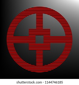 Wheel icon. Gear. Vector. Striped red and black icon at gradient blackish background. Zebra.