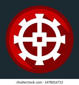 Wheel icon. Gear. White icon with shadow on round red button at dark cyan background. Illustration.