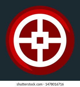 Wheel icon. Gear. White icon with shadow on round red button at dark cyan background. Illustration.