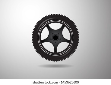 Wheel icon on gray gradient background. Tire on black wheels. Vector image for your design.