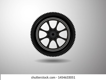 Wheel icon on gray gradient background. Tire on black wheels. Vector image for your design.