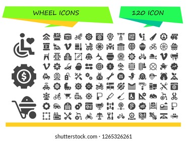  wheel icon set. 120 filled wheel icons. Simple modern icons about  - Disability, Wheelbarrow, Settings, Garage, Paint, Captain, Bicycle, Gear, Ferris wheel, Handlebar, Amusement park