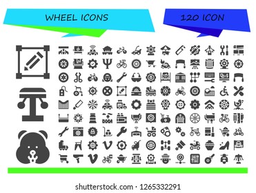  wheel icon set. 120 filled wheel icons. Simple modern icons about  - Transform, Hamster, Amusement park, Car, Disabled, Wagon, Bicycle, London eye, Food cart, Saw, Settings, Motor
