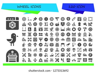  wheel icon set. 120 filled wheel icons. Simple modern icons about  - Settings, Garage, Seagull, Wheel, Scooter, Pistons, Color wheel, Saddle, Saw, Setting, Hamster , Transformation