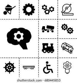 Wheel icon. set of 13 filled and outline wheel icons such as gear, train toy, helm, construction, concrete mixer, disabled, lottery, circular saw, cargo wagon