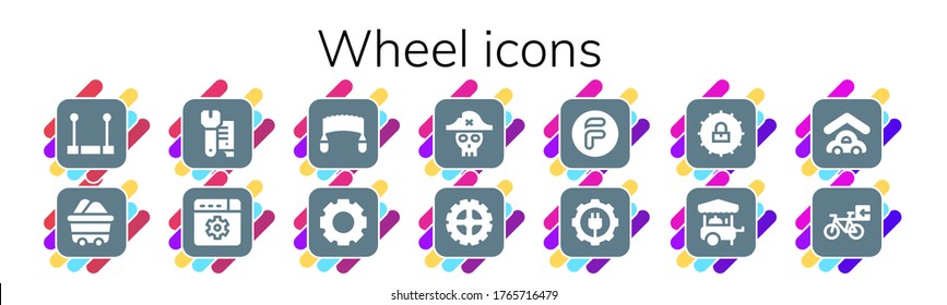 wheel icon set. 14 filled wheel icons.  Simple modern icons such as: Trapeze, Wagon, Wrench, Settings, Saw, Pirate, Gear, Flipdrive, Food cart, Garage, Bicycle