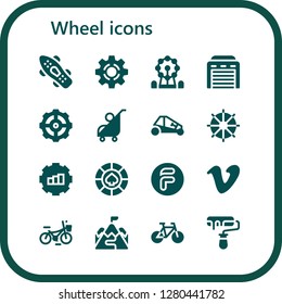  wheel icon set. 16 filled wheel icons. Simple modern icons about  - Skateboard, Setting, Ferris wheel, Garage, Settings, Stroller, Buggy, Steering wheel, Gear, Casino, Flipdrive