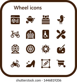 wheel icon set. 16 filled wheel icons.  Collection Of - Settings, Wheelbarrow, Sailor, Seagull, Bicycle, Garage, Wheelchairs, Repair, Hamster wheel, Steering Paint