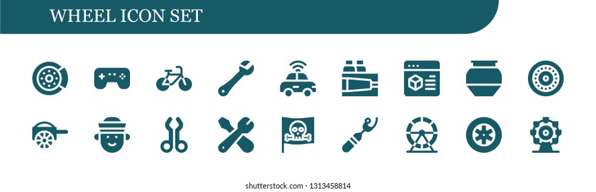 wheel icon set. 18 filled wheel icons.  Simple modern icons about  - Brake disc, Games, Bicycle, Wrench, Autonomous car, Paint, Settings, Pottery, Wheel, Carriage, Sailor, Tool
