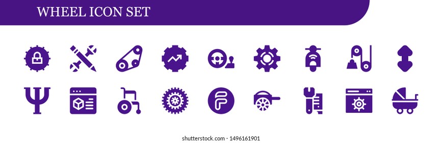 wheel icon set. 18 filled wheel icons.  Collection Of - Settings, Configuration, Timing belt, Gear, Steering wheel, Setting, Scooter, Pulley, Scroll, Psi, Wheelchair, Bicycle
