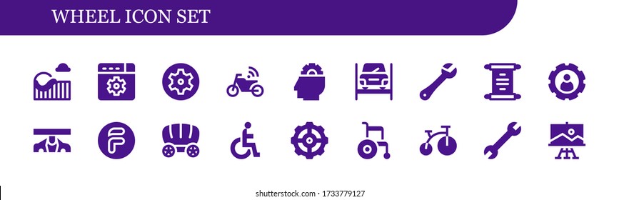 wheel icon set. 18 filled wheel icons.  Simple modern icons such as: Roller coaster, Settings, Motorbike, Setting, Repairing, Wrench, Scroll, Car, Flipdrive, Wagon, Disability