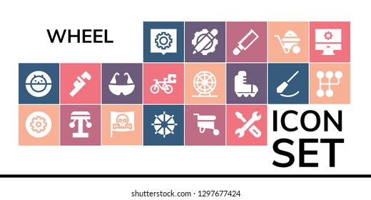  wheel icon set. 19 filled wheel icons. Simple modern icons about  - Settings, Hamster ball, Amusement park, Pirate, Steering wheel, Wheelbarrow, Repair, Wrench, Bicycle, Ferris