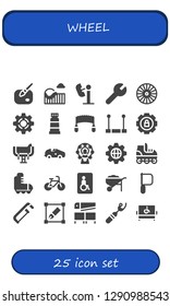  wheel icon set. 25 filled wheel icons. Simple modern icons about  - Paint, Roller coaster, Amusement park, Settings, Wheel, Setting, Saw, Trapeze, Saddle, Car, Ferris wheel, Roller skate