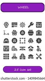 wheel icon set. 25 filled wheel icons.  Collection Of - Ferris wheel, Configuration, Helm, Settings, Scooter, Wagon, Pottery, Carousel, Saw, Controller, Transformation, Carriage