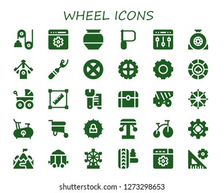  wheel icon set. 30 filled wheel icons. Simple modern icons about  - Pulley, Setting, Pottery, Saw, Settings, Wheel, Motor, Ripper, Gear, Casino, Baby carriage, Transform, Wrench