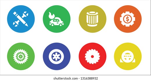 wheel icon set. 8 filled wheel icons.  Collection Of - Configuration, Bicycle, Car, Wheels, Pulley, Saw, Settings, Steering wheel