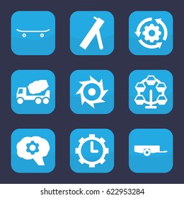 Wheel icon. set of 9 filled wheel icons such as barrow, concrete mixer, clock in gear, skateboard, saw, cannon, gear, gear rotate