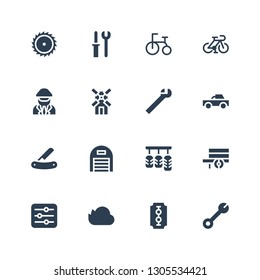 wheel icon set. Collection of 16 filled wheel icons included Wrench, Blade, Firedrive, Settings, Wheelbarrow, Pedals, Garage, Pick up, Wind mill, Driver, Bicycle, Tricycle, Tools