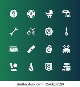 wheel icon set. Collection of 16 filled wheel icons included Food truck, Settings, Pizza cutter, Airbag, Pastafarianism, Idrive, Scroll, School bus, Mixer, Setting, Bicycle, Wrench