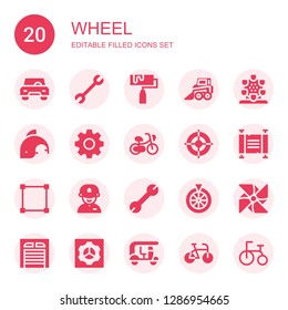 wheel icon set. Collection of 20 filled wheel icons included Car, Wrench, Roller, Backhoe, London eye, Dolphin, Settings, Bicycle, Helm, Scroll, Transform, Driver, Roulette, Pinwheel