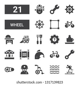 wheel icon set. Collection of 21 filled wheel icons included Skater, Sea, Wheelchair, Driver, Crankset, Wrench, Bike, Dolphin, Scroll, Carousel, Ride, Settings, Tools, Backhoe