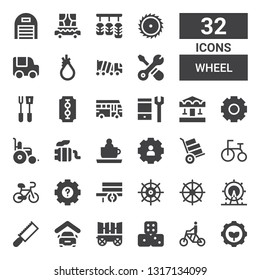 wheel icon set. Collection of 32 filled wheel icons included Settings, Bicycle, Dices, Carriage, Garage, Saw, London eye, Helm, Wheelbarrow, Tricycle, Ride, Exhaust pipe, Wheelchair
