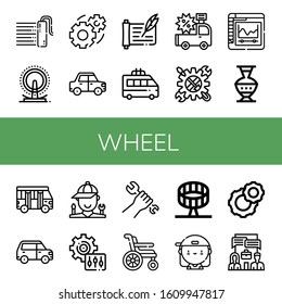 wheel icon set. Collection of Paint roller, London eye, Gear, Car, Scroll, Minivan, Tool, Settings, Pottery, School bus, Mechanic, Setting, Wrench, Wheelchair, Round up ride icons