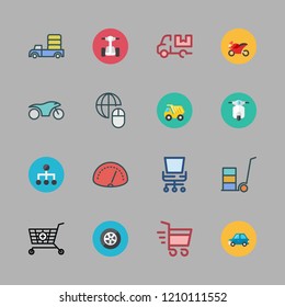 wheel icon set. vector set about car, motorbike, stroller and dump truck icons set.