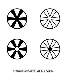 Iconos de rueda. Cuatro variaciones de diseños de ruedas radiales simples. Formas de Vector geométricas. Conjunto gráfico minimalista.