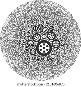 Wheel icons are organized into circle group. Wheel icon bubble collage. Abstraction spheric bubble collage created with wheel items.