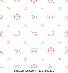 wheel icons pattern seamless white background. Included editable line barrow, wheelbarrow, wheel chair, Roulette, kick scooter, cargo wagon icons. wheel icons for web and mobile.