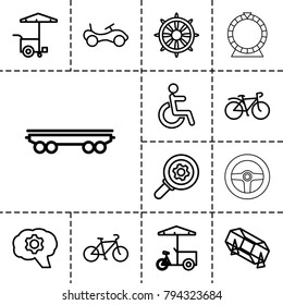 Wheel icons. set of 13 editable outline wheel icons such as bike, lottery, fast food cart, disabled, bicycle, gear, cargo wagon, helm, roulette