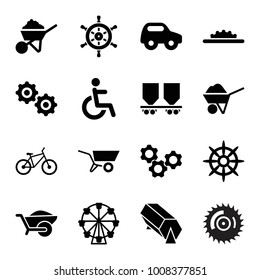 Wheel icons. set of 16 editable filled wheel icons such as toy car, construction, ferris wheel, disabled, helm, gear, bicycle, lottery, blade saw