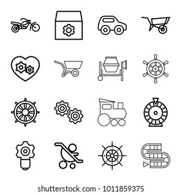 Wheel icons. set of 16 editable outline wheel icons such as wheel barrow, toy car, roulette, gear, baby carriage, gear keyhole, helm, gear heart, motorcycle, train toy